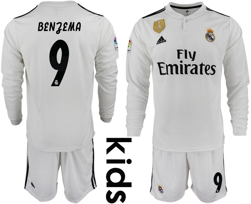 2018_2019 Club Real Madrid home long sleeve Youth #9 soccer jerseys